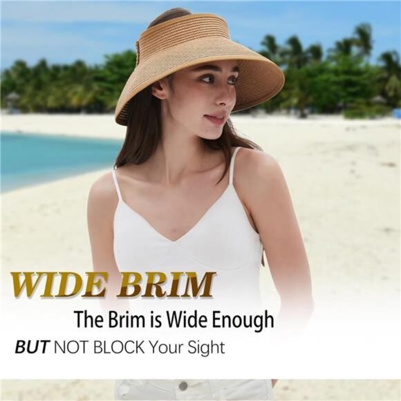 Women's Sun Visor Hats Wide Brim Straw Beach Hat Ponytail Hats for Women - Picture 4 of 7